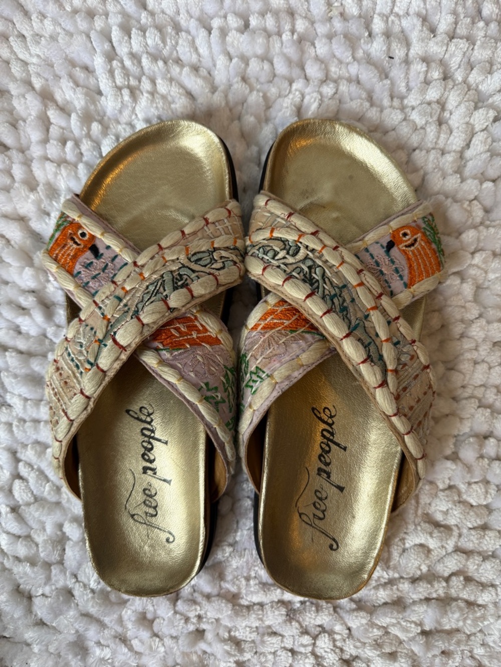 Free People Gold & Beige Embroidered Crisscross Slide Sandals